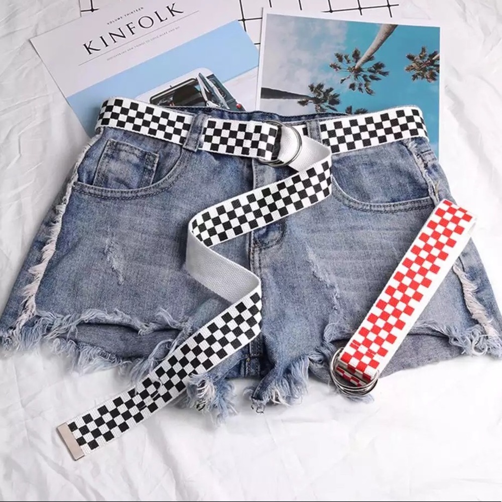 Red white black checkered canvas ring belt
